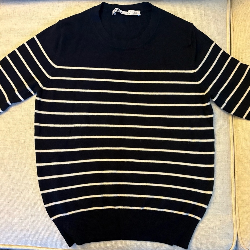 Zara women’s Black and White Striped Crewneck Sweater
